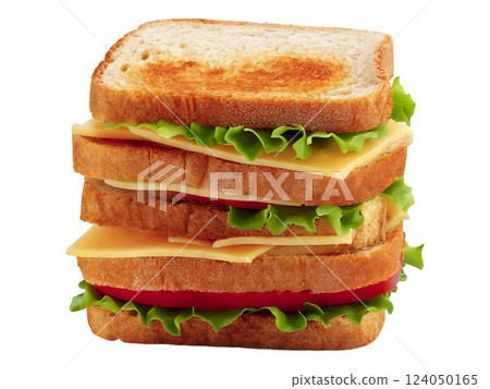 Mouthwatering triple-decker sandwich overflowing with cheese, lettuce, and tomato on toasted bread.  Perfect for menus, food blogs, or advertising campaigns. 124050165