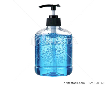 Clean, vibrant blue liquid soap bottle with pump dispenser.  Perfect for hygiene, healthcare, and wellness websites, or product packaging designs. Crystal-clear bottle showcases the product's texture. 124050168