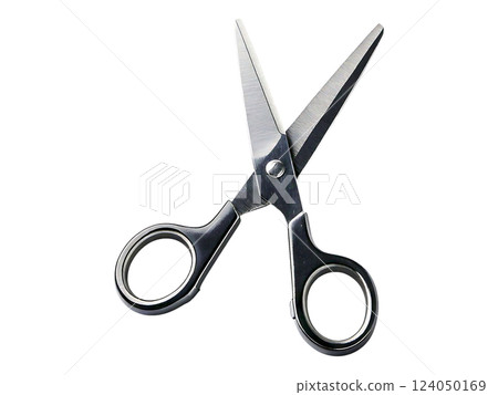 Sleek, black-handled scissors isolated on a white background.  Perfect for crafting, hairdressing, or office supply imagery. 124050169