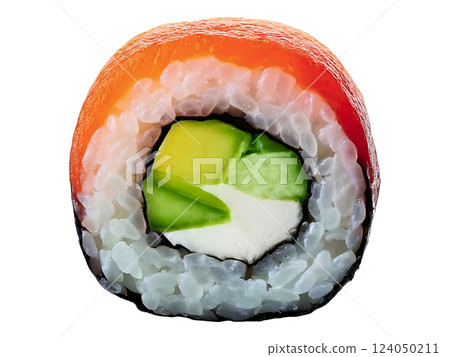 Close-up of a vibrant sushi roll, showcasing salmon, avocado, and cream cheese filling.  Perfect for menus, culinary websites, or food blogs.  High-resolution image ideal for print and digital use. 124050211