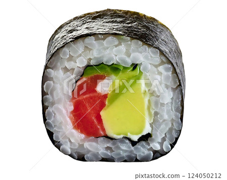 Close-up of a vibrant sushi roll featuring salmon, avocado, and cream cheese, expertly wrapped in seaweed.  A perfect image for menus, food blogs, or culinary websites. 124050212