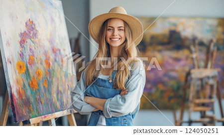 Young artist smiling in a studio featuring floral paintings surrounded by easels and art supplies 124050251