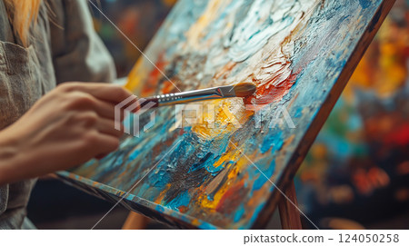 Artist creates vibrant abstract painting using bold colors in a bright studio filled with artwork 124050258
