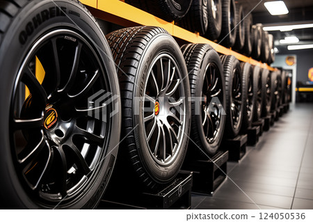 A row of black and silver tires are on display in a store. The tires are arranged in a neat and orderly fashion, with each one standing on a platform. The store has a modern and sleek design 124050536