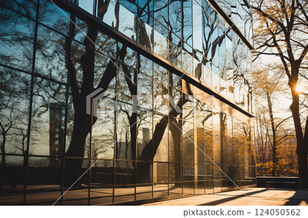 Sustainable green building. Eco-friendly building. Sustainable glass office building with tree for reducing carbon dioxide. Office with green environment. Corporate building reduce CO2. Safety glass. 124050562