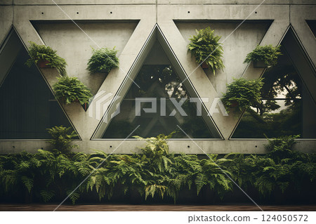 A building with a green wall and plants growing out of the windows. The plants are arranged in a triangular pattern, giving the building a unique and artistic appearance 124050572