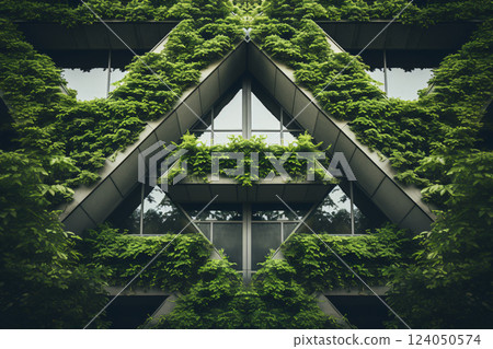 A building covered in green vines and leaves. The building has a triangular shape and is covered in green ivy 124050574
