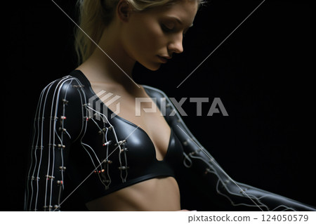 Integration of conductive threads into futuristic piece of wearable innovation technology. Sustainable fashion with flexible batteries and smart textiles. Flexible battery power in clothing industry. 124050579