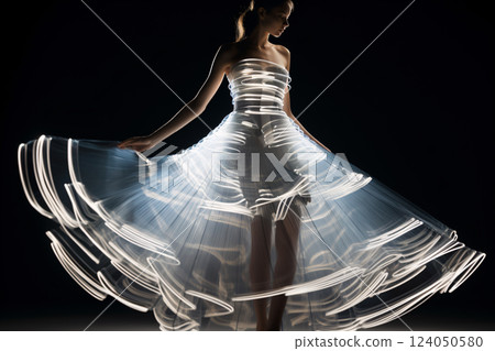 High-fashion dress adorned with ultrathin sheets of lithium metal and integrated flexible batteries. Dress in motion, highlighting the elegance and innovation of smart textiles in fashion industry. 124050580