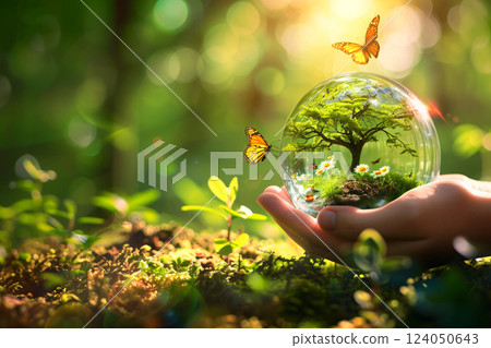 Human hands gently holding a glass earth globe, showcasing a burgeoning tree, illuminated by sunlight with a yellow butterfly accenting the green setting. Earth Day and World Environment Day concept. 124050643