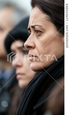 A group of people at a funeral, showing signs of sadness and grief, with black clothing and somber expressions, illustrating the experience of loss and mourning A group of people at a funeral, showing signs of sadness and grief, with black clothing and somber expressions, illustrating the experience of loss and mourning 124050869
