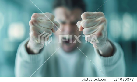 A person clenching their fists in anger, feeling intense rage, with a chaotic room setting and a sense of aggression and hostility 124050878