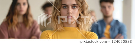 A student watching their friend win a prize, showing signs of jealousy and envy, with a look of dissatisfaction and crossed arms, illustrating the emotion of jealousy A student watching their friend win a prize, showing signs of jealousy and envy, with a look of dissatisfaction and crossed arms, illustrating the emotion of jealousy 124050888