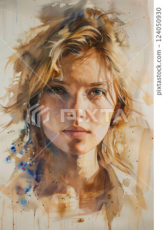 Watercolor gradient portrait, soft blended skin tones, loose brushstrokes on canvas Watercolor gradient portrait, soft blended skin tones, loose brushstrokes on canvas 124050930