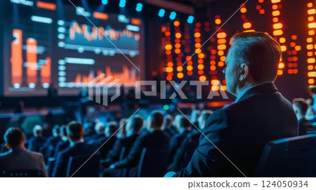 Business conference, with a keynote presentation on the value of real-time data in the New Oil concept, showing industry leaders discussing how real-time data is transforming business and technology 124050934