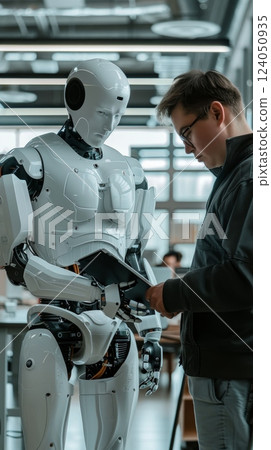 A scene depicting a robotics lab, with engineers working on AI-driven robots and automation, focusing on the development of advanced robotics technology for industrial and consumer applications 124050935