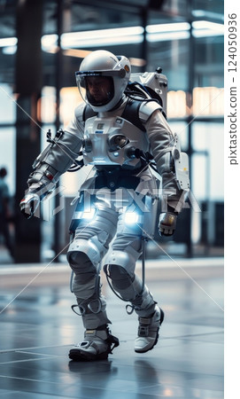 A wearable robotics suit in an industrial setting, with a worker using the powered exoskeleton for heavy lifting, illustrating the benefits of wearable technology in industrial applications 124050936
