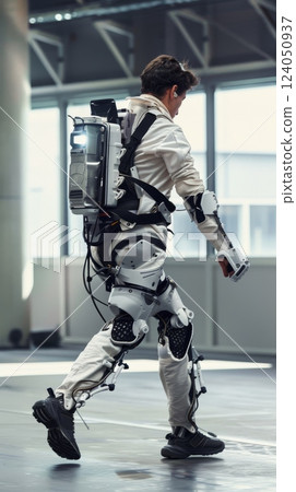 A wearable robotics suit in an industrial setting, with a worker using the powered exoskeleton for heavy lifting, illustrating the benefits of wearable technology in industrial applications A wearable robotics suit in an industrial setting, with a worker using the powered exoskeleton for heavy lifting, illustrating the benefits of wearable technology in industrial applications 124050937