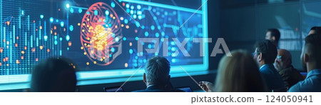 A scene showing a technology industry conference with experts presenting data trends and real-time analytics, emphasizing the impact of data innovation on business technology and tech disruption 124050941
