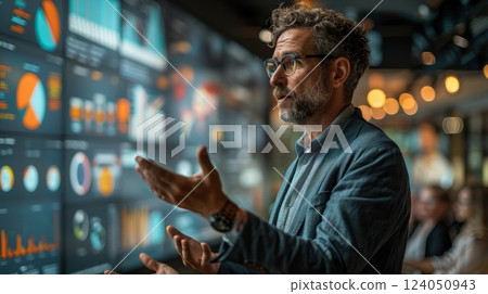A corporate workshop on the concept of real-time data as New Oil, with industry experts explaining its role in transforming business and technology, showcasing business intelligence and analytics 124050943