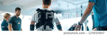 A medical exoskeleton being used in a physical therapy session, focusing on the wearable technology and its role in assistive robotics, showcasing the impact on patient mobility and rehabilitation 124050947