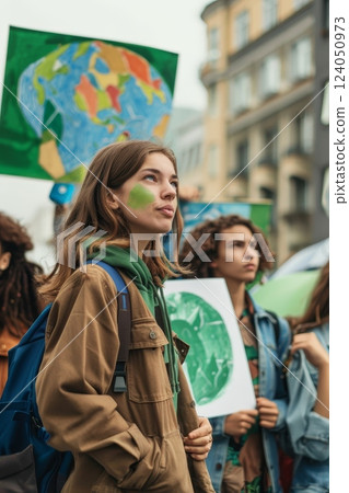 A scene of a political campaign focusing on climate change featuring activists discussing green policies Emphasize the role of public activism and policy support to combat global warming 124050973