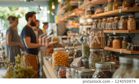 A scene of people at a zero-waste store featuring bulk goods and reusable containers Highlight the move towards reducing plastic waste and supporting eco-friendly shopping 124050974