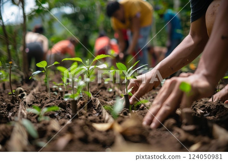 An image of a reforestation project featuring newly planted trees in a forest area Focus on the community-based efforts to restore forested areas to combat global warming An image of a reforestation project featuring newly planted trees in a forest area Focus on the community-based efforts to restore forested areas to combat global warming 124050981