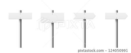 Realistic Blank Sign Post Set. Realistic Road Signboard. Plywood Pointer, Timber, Directional Sign Design Template, Front View. Vector Illustration in 3D Style Realistic Blank Sign Post Set. Realistic Road Signboard. Plywood Pointer, Timber, Directional Sign Design Template, Front View. Vector Illustration in 3D Style 124050991
