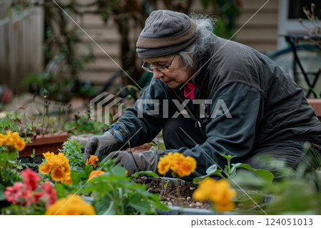 A caregiver helping with light gardening in a backyard, illustrating the positive impact of outdoor activities and engaging with nature in caregiving 124051013