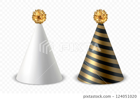 Vector 3d Realistic Birthday Party Hat Icon Set Isolated. Party Cap Design Template for Party Banner, Greeting Card. Holiday Hats, Cone Shape, Front View Vector 3d Realistic Birthday Party Hat Icon Set Isolated. Party Cap Design Template for Party Banner, Greeting Card. Holiday Hats, Cone Shape, Front View 124051020