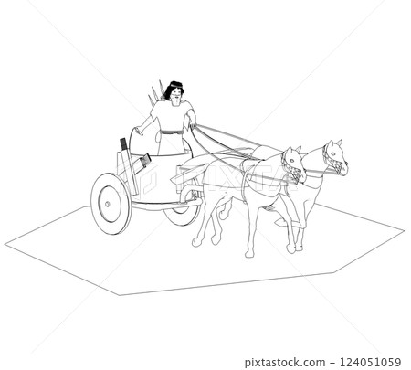persian chariot, contour visualization, 3D illustration, sketch, outline 124051059