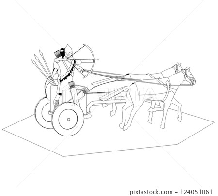 persian chariot, contour visualization, 3D illustration, sketch, outline 124051061