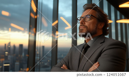 confident businessman in tailored suit gazes out of high rise office window at sunset 124051087