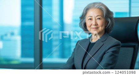 Elegant senior Asian businesswoman in dark grey suit sitting confidently in modern office 124051098