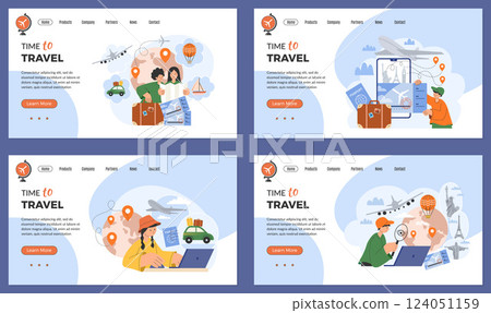 Travel landing page. tourists planning self adventure concept pictures for web pages templates 124051159