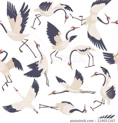 Stork pattern. wild flying beauty stork. vector seamless background with birds. 124051167