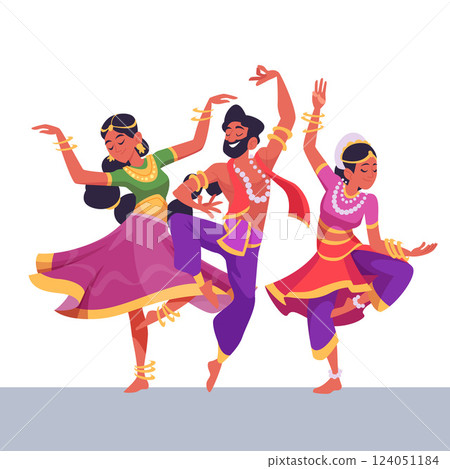 Indian dancers. male and female authentic dancers in action poses in colored pants and beautiful dresses 124051184