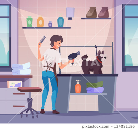 Dog care. grooming services for pets professional hairdresser working with pets. vector background 124051186