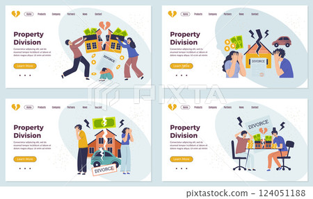 Division of property landing. business web page templates with concept pictures of divorce characters 124051188