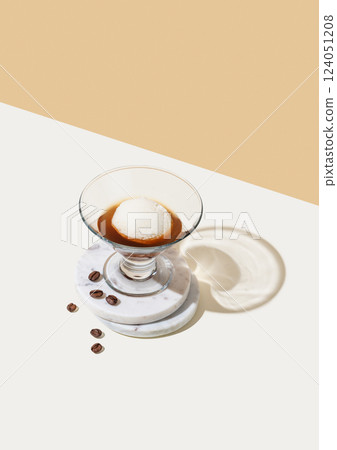 Affogato coffee with a scoop of vanilla ice cream and espresso in a glass on white beige background Affogato coffee with a scoop of vanilla ice cream and espresso in a glass on white beige background 124051208