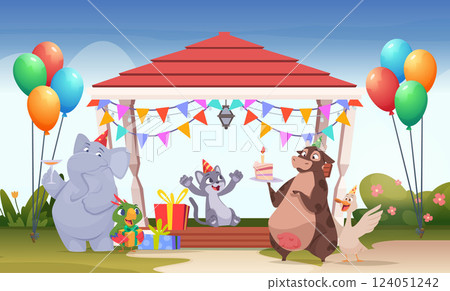 Birthday party. outdoor birthday party with cartoon animals Birthday party. outdoor birthday party with cartoon animals 124051242