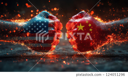 Trade war concept. Fiery clash of fists symbolizing trade war tension and rivalry 124051296