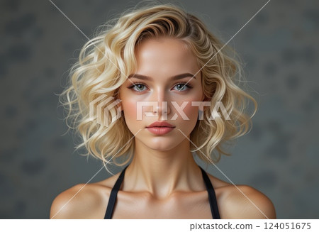 Blonde model girl with short curly hair. Blonde model girl with short curly hair. 124051675