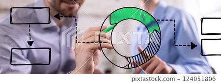 Business team engaging in analytical discussion, marking progress with green marker, connecting structured process elements 124051806