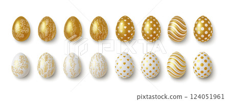 Vector illustration of golden decorated eggs featuring various patterns, ideal for Easter and festive celebrations. High-quality digital art enhances any design project. Vector illustration of golden decorated eggs featuring various patterns, ideal for Easter and festive celebrations. High-quality digital art enhances any design project. 124051961
