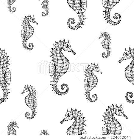Seamless pattern with vector seahorse. Hand painted line art. Graphic tropical clip art isolated on background. Underwater illustration. For designers, invitations, decoration, postcards, wrapping Seamless pattern with vector seahorse. Hand painted line art. Graphic tropical clip art isolated on background. Underwater illustration. For designers, invitations, decoration, postcards, wrapping 124052044