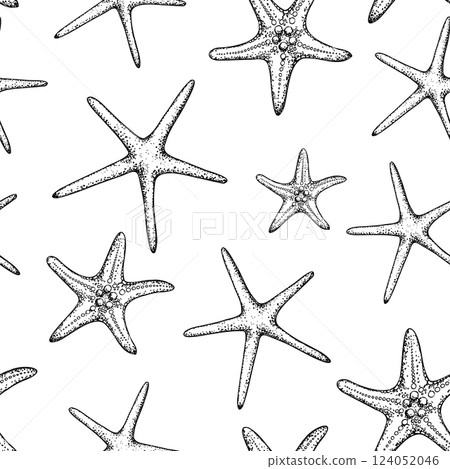 Seamless pattern with vector starfish. Hand painted line sketch. Graphic tropical clip art isolated on background. Underwater illustration. For designers, invitations, decoration, postcards, wrapping Seamless pattern with vector starfish. Hand painted line sketch. Graphic tropical clip art isolated on background. Underwater illustration. For designers, invitations, decoration, postcards, wrapping 124052046