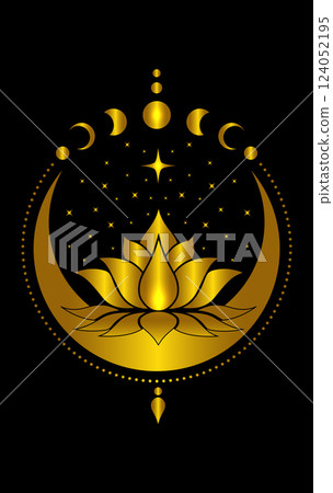 Mystical Crescent Moon and Sacred Lotus flower with Stars Moon Phases logo design. Gold magic celestial clipart of yoga, spa, beauty salon, cosmetics, relax, brand style. Isolated on black background Mystical Crescent Moon and Sacred Lotus flower with Stars Moon Phases logo design. Gold magic celestial clipart of yoga, spa, beauty salon, cosmetics, relax, brand style. Isolated on black background 124052195