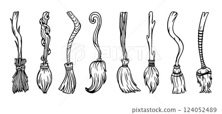 Doodle witch brooms. Magic flying broom for witches and wizards. Magical halloween time accessories, fantasy fairy tale transport, neoteric vector set 124052489